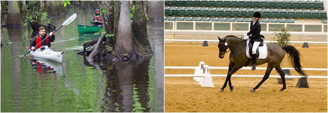 2 images: man in kayak; equestrian rider